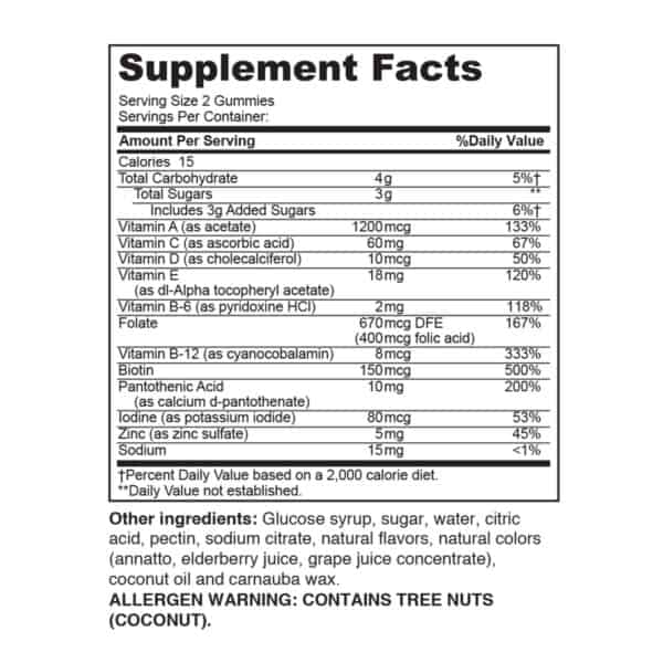 vitamin A, vitamin C, vitamin D, vitamin E, vitamin B6, folic acid, vitamin B12, biotin, zinc, Glucose syrup, sugar, water, citric acid, pectin, sodium citrate, natural flavors, natural colors, annatto, elderberry juice, grape juice concentrate, coconut oil, carnauba wax.