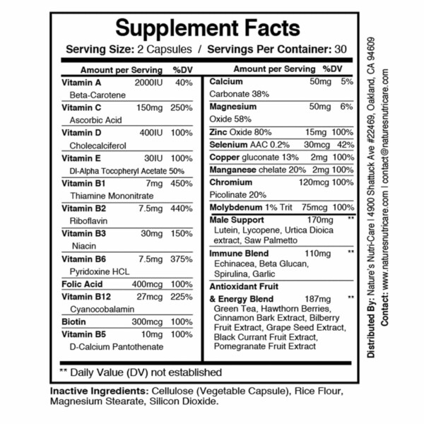 MULTIVITAMIN FOR MEN Men's Multivitamin - vitamin A, vitamin C, vitamin D, vitamin E, vitamin B1,vitamin B2, vitamin B3, vitamin B6, folic acid, vitamin B12, biotin vitamin B5, calcium, magnesium, zinc, selenium manganses, chrominum, cellulose, rice flour, magnesium stearate, silicon dioxide