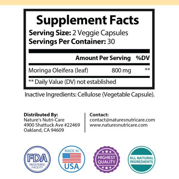 Nature's Nutri-Care Moringa Oleifera Capsules - Pure Extract - 800 mg - 60 Capsules - Complete Nutritional Support Supplement - Raw Natural Superfood