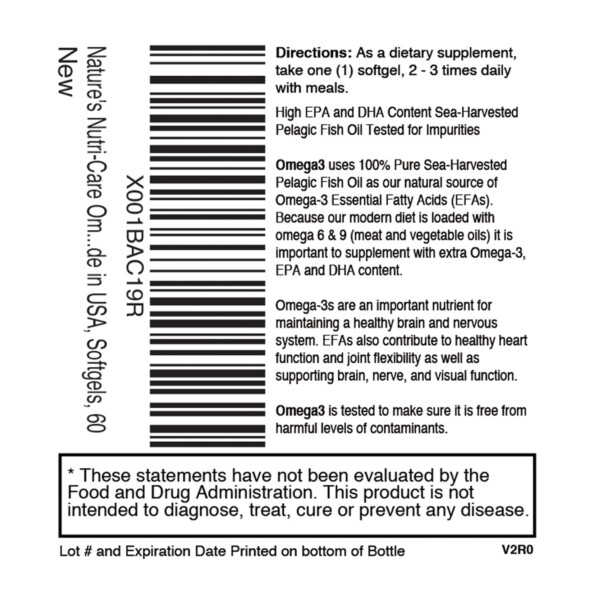 Nature's Nutri-Care Omega 3 Fish Oil - 1000 mg - 60 Softgels - Burpless Fish Oil - EPA and DHA - Sea Harvested Pelagic Fish Oil Supplement