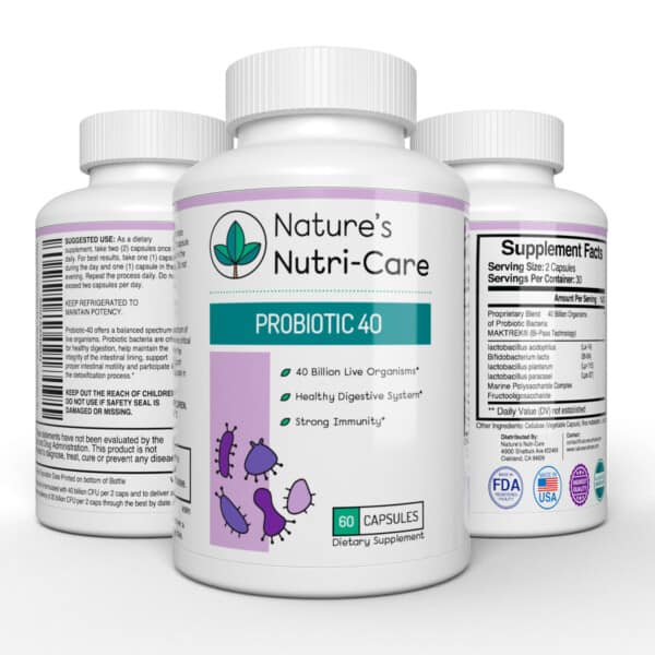 Nature's Nutri-Care Probiotic Supplement - 40 Billion Live Cultures - 60 Capsules - Acidophilus, Bifido Lactis, Plantarum, and Paracasei Organisms - MAKTREK Bi-Pass - Digestive and Immune Health