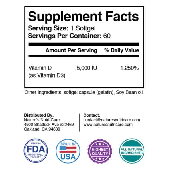 Nature's Nutri-Care Vitamin D3 Supplement - 5,000 IU - 60 Softgels - Healthy Muscle and Good Bone Health