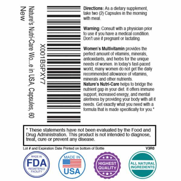 Nature's Nutri-Care Best Multivitamin for Women - 60 Capsules - Vitamins, Antioxidants, and Minerals - Complete Female Support Blend, Immune Blend, and Energy Blend - Made in USA