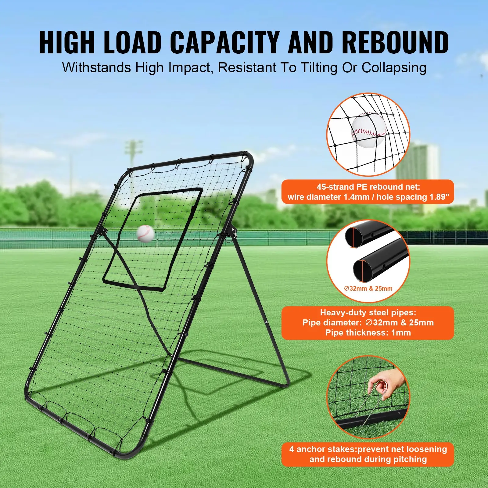 VEVOR Baseball And Softball Rebounder Net, 4 x 6 Feet PitchBack Baseball Nest for Pitching and Fielding Training, Pitch Return Trainer Rebound Net with Pitching Target, 4 Adjustable Angles - Image 4