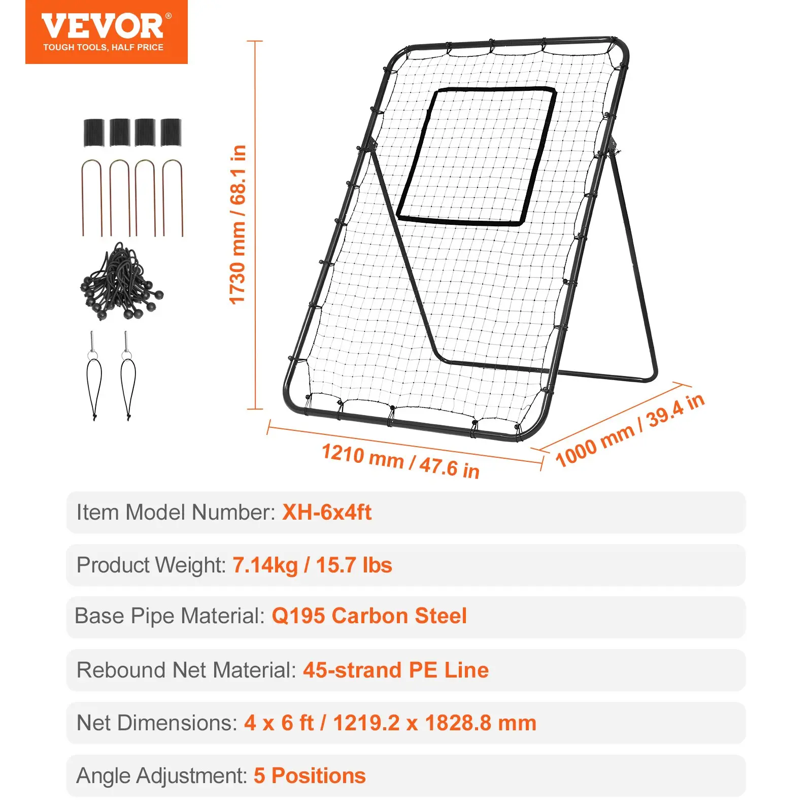 VEVOR Baseball And Softball Rebounder Net, 4 x 6 Feet PitchBack Baseball Nest for Pitching and Fielding Training, Pitch Return Trainer Rebound Net with Pitching Target, 4 Adjustable Angles - Image 6