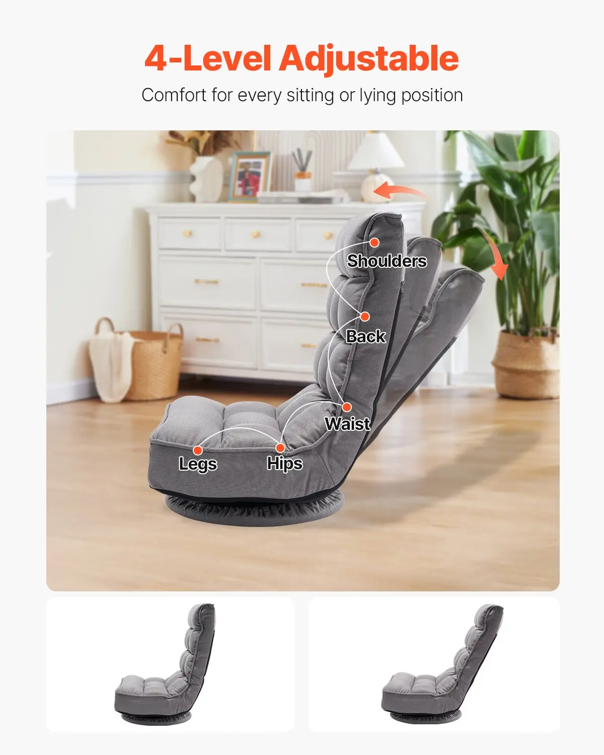 VEVOR Swivel Floor Gaming Chair, 360-Degree Rotating Floor Chair with 4 Adjustable Position Folding Backrest and Lumbar Support, Folding Video Reclining Sofa for Watching TV Reading Playing Game, Gray